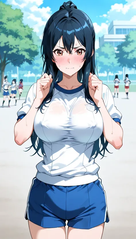   score_9,   score_8_ up,   score_7_ up,   source_Anime, ( Anime screencap:0.5),   girl,,   embarrassed face、 alone,  Outdoors, School,,   long hair,     black hair,   brown eyes,  ,  split ends ,   big breasted,( big breasted),(,,slender,carbine,  sexy,  ...