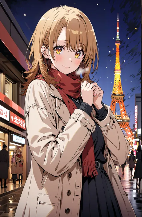 Irohaisshiki, Isshiki Iroha , long hair,  brown hair,  brown eyes,smile, close your mouth,blush, White Breath,White Coat, sweater, red scarf,snow, Tokyo Tower ,building,Black long skirt, Bbo~, standing,whole bodyがイラストに入るように,
break outdoors, City,
break loo...