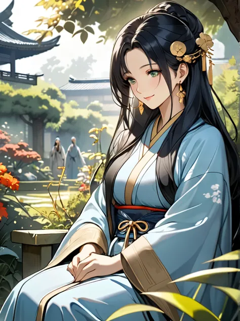 A mature and beautiful chinese woman with long black hair, ancient traditional robe, green colour eyes, round breast, perfect body, body covered in loose ancient robe, sitting alone beside the lake, gentle motherly aura, golden earrings, simple hair orname...
