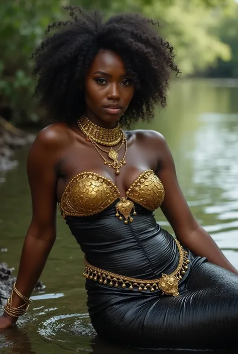 black woman. Honey brown skin. Mermaid. Sultry look. Decked on gold. Lying down on river bank. Black tail. Ultra high resolution.