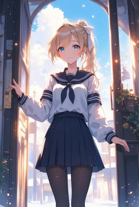 (Angle from the front) (a girl is standing) (Open the front door and go outside) Beautiful anime style portrait, Detailed portrait of beautiful anime style girl, 
Beautiful anime style portrait, Beautiful anime woman, 
Digital animation illustration, Anime...