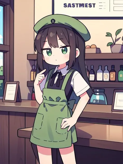 ((True best masterpiece, Ultimately perfect quality, Extremely delicate details)), A slender girl with flat chest, Employee of a cafe, Wearing an uniform of the cafe, (Dress shirt, Skirt, Green apron, Hunting hat)