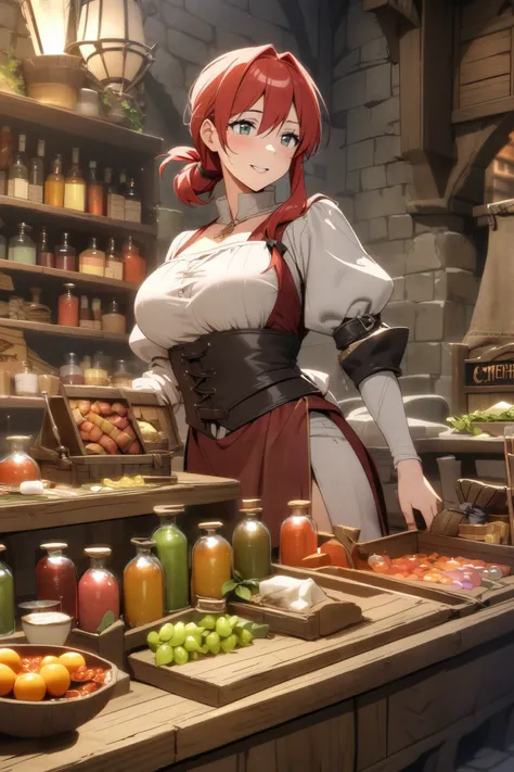  medieval times , (( beautiful mature woman,  red hair tied, merchant)), Potions in a display case