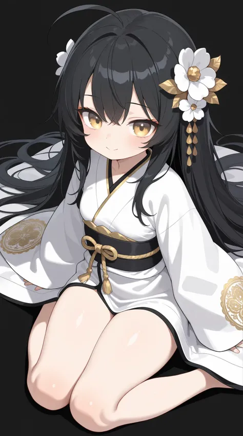 1girl, ahoge, very long hair, black hair, golden eyes, look at viewer, closed mouth, loli, expressionless, japanese clothes, white kimono, white clothes, haori, light skin, Immaculate skin, wide sleeves, smile, thick thigh, black clothing decoration, hair ...