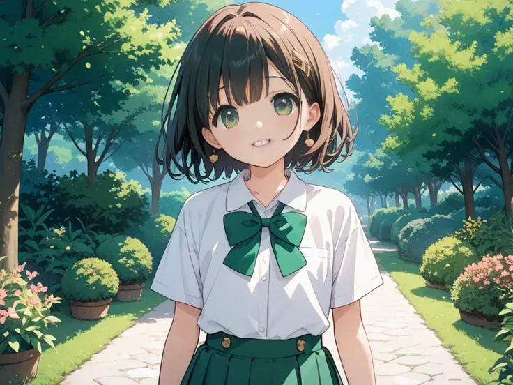  Anime Girl in a green skirt and white shirt with a green bow,  cute girl anime visual , cute  Anime Girl,  Anime Moe Art Style ,  MADE IN AN ANIMATION ARTIST STUDIO, ( Anime Girl), young  Anime Girl,  Beautiful Anime High School Girl  ,  Anime Girl, portr...