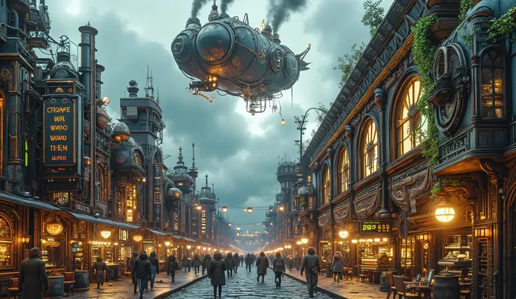 A bustling city center in a steampunk-biopunk world. Towering Victorian-style buildings with brass and bronze facades are covered in steam vents and glowing organic vines. In the sky above, a massive steampunk airship floats, its balloon made of organic ma...