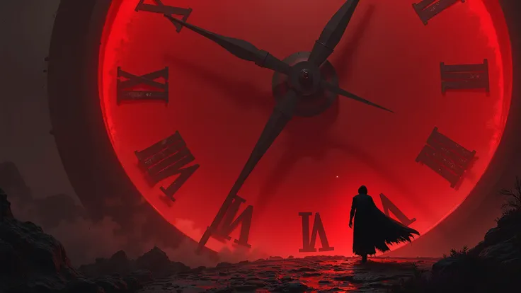 A massive red clock with jagged hands, while a faceless figure in black runs forward, ignoring time’s pull.


