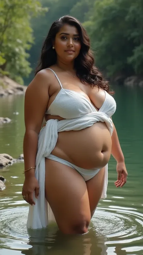 Desi aunty bathing in a river . Wearing a white bath towel, covering only half of thighs.  curvy waist and thick thighs, voluptuous aunty 