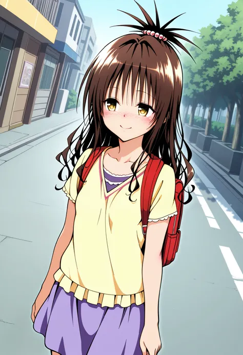 1girl, yuuki mikan, to love-ru,  brown hair, yellow eyes, half-closed eyes, hair ornaments, long hair, topknot, wavy hair, small breasts, anime coloring,smile, nose blush, blush, looking away, yellow shirts,  purple skirt, outdoor,  backpack,  street,  wal...