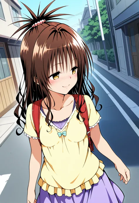 1girl, yuuki mikan, to love-ru,  brown hair, yellow eyes, half-closed eyes, hair ornaments, long hair, topknot, wavy hair, small breasts, anime coloring,smile, nose blush, blush, looking away, yellow shirts,  purple skirt, outdoor,  backpack,  street,  wal...