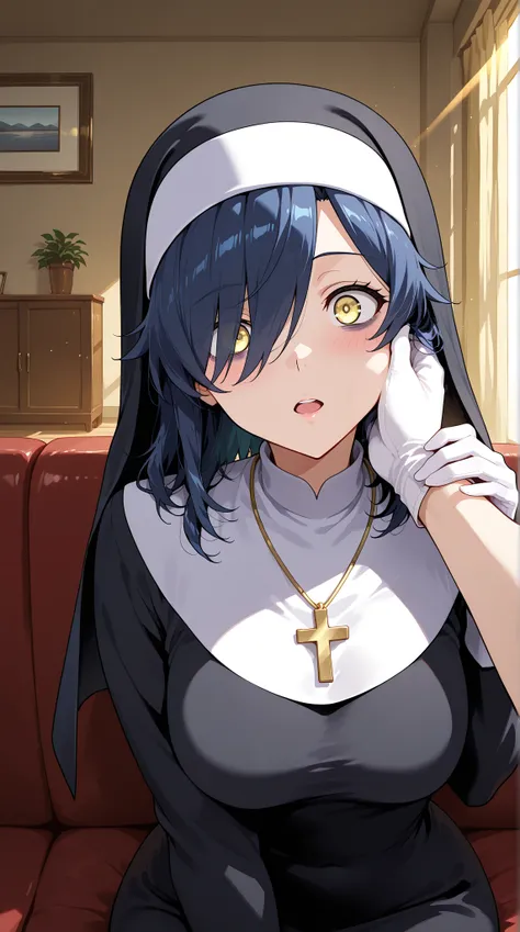 Anime-style character, source_anime, Expressiveh, backlighting, light rays, 1girl, solo, lonely, adult woman, beautiful, A pale anime mature woman, nun (black nun habit, cross necklace, white glove), yellow eyes, glow eye, under eyes, medium hair, dark blu...