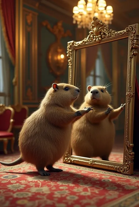 Capybara dancing in front of a mirror in a luxurious room