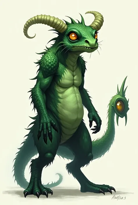 Creature in a green and black tone, with horns and a tail with an eye on the tip 