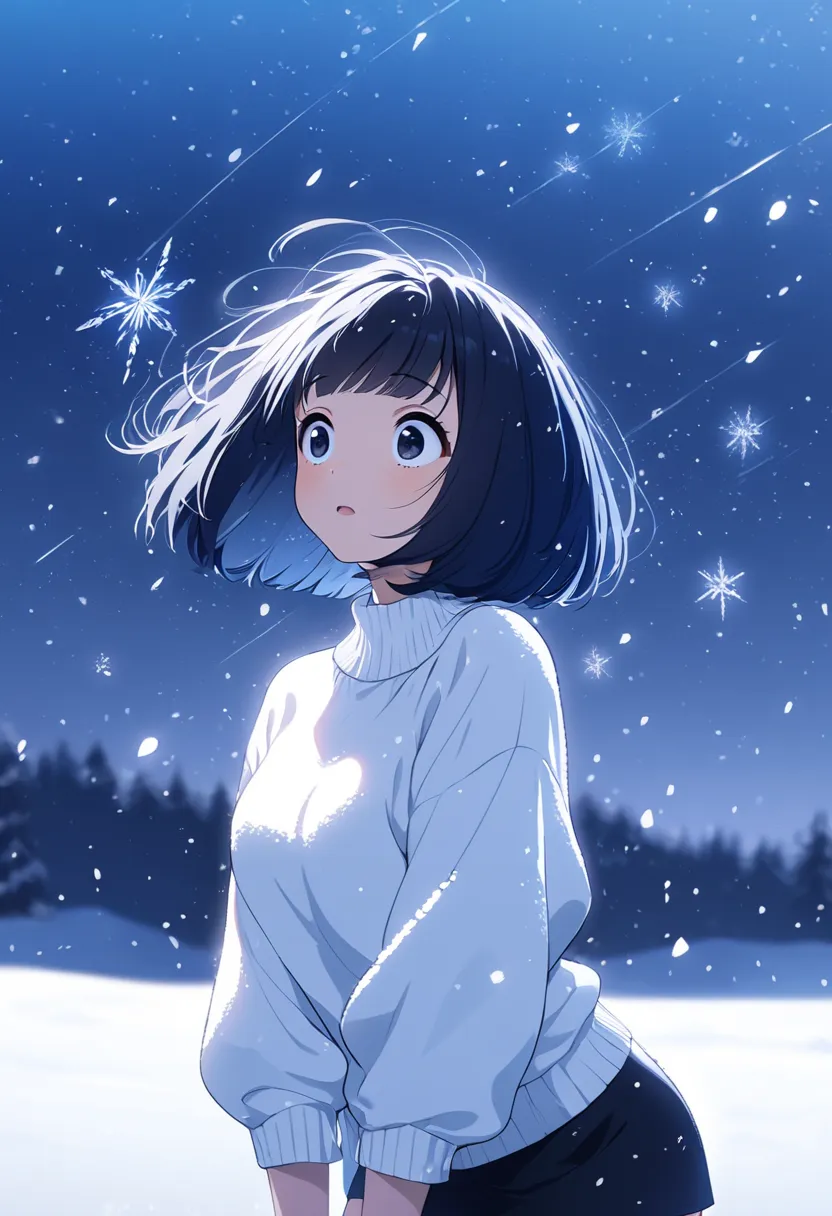 "An anime-style illustration of a beautiful and cute Japanese woman with large, droopy eyes, gazing in awe at diamond dust (tiny ice crystals sparkling in the air) in a snowy landscape. She has a petite yet slender model-like physique. She is wearing a whi...