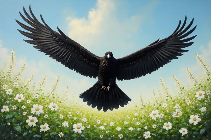 
Top quality oil painting of a Javan black eagle flying in the sky overlooking a field of jasmine flowers