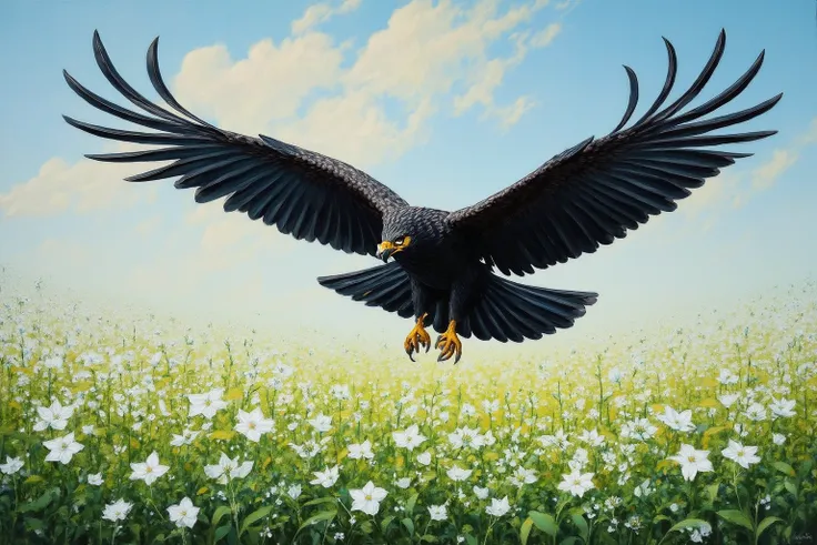 
Top quality oil painting of a Javan black eagle flying in the sky overlooking a field of jasmine flowers