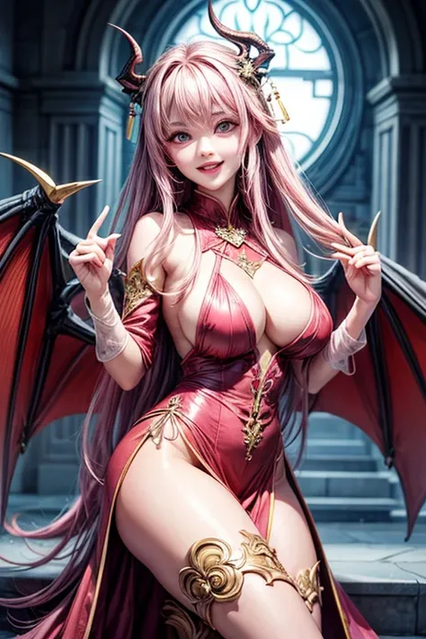  old girl with long straight hair, pink hair ,  pink eyes, Pretty hands ,  5 Fingers ,  beautiful boobs,  Dragon Wings , smile