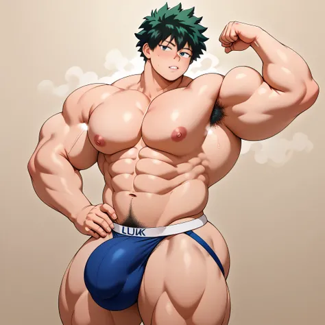 staring at the viewer, Bakugou Katsuki and izuku Midoriya standing next to each other in a villain base with video walls projecting spirals surrounded by hypnotic steam with his mouth hanging open as he is brainwashed into a mindless muscleheaded dumb jock...