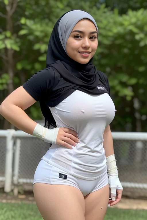 RAW, Best quality, high resolution, Masterpiece: 1.3), Beautiful malay woman in rugby outfit wearing shawl style hijab, back view, fat tight buttocks, showing buttocks to viewer, non naked, wearing jersey outfit, flawless face, cute face, pretty malay face...