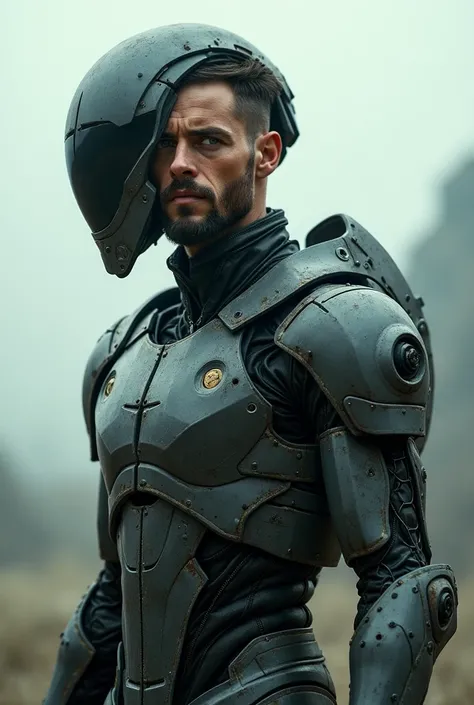 a picture of a  man  half covered with a robot suit