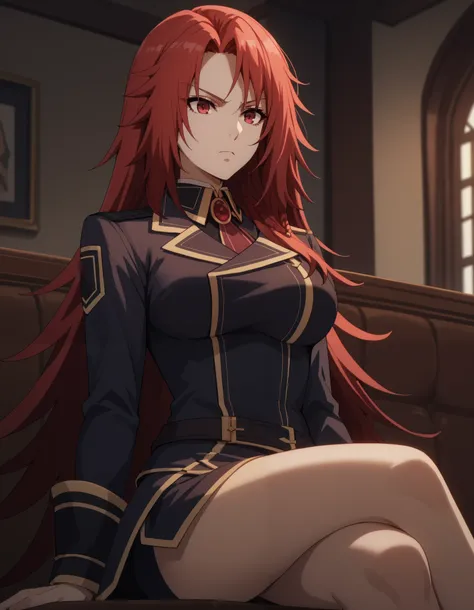 iris midgar, iris midgar (the eminence in shadow), the eminence in shadow, red hair, long hair, red eyes, black uniform, military uniform, large breasts, 1girl, solo,sitting,crossed legs
