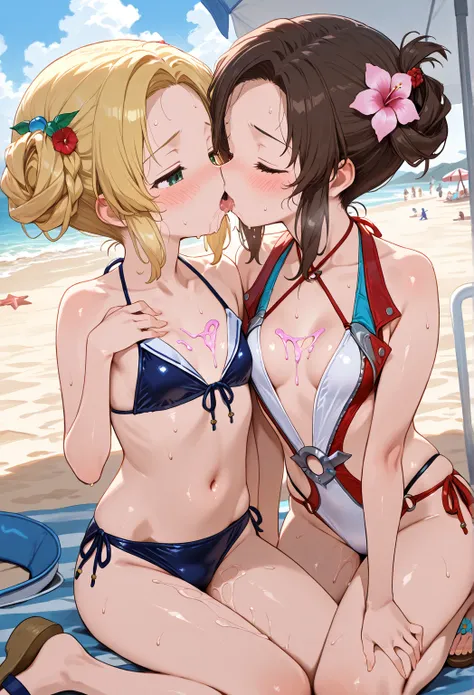   young,  breasts of different sizes , close ,sweat, love juice , ,saliva,color々 hairstyle,kiss, sandals on the skin, Costume, swimsuit, beach, parasol