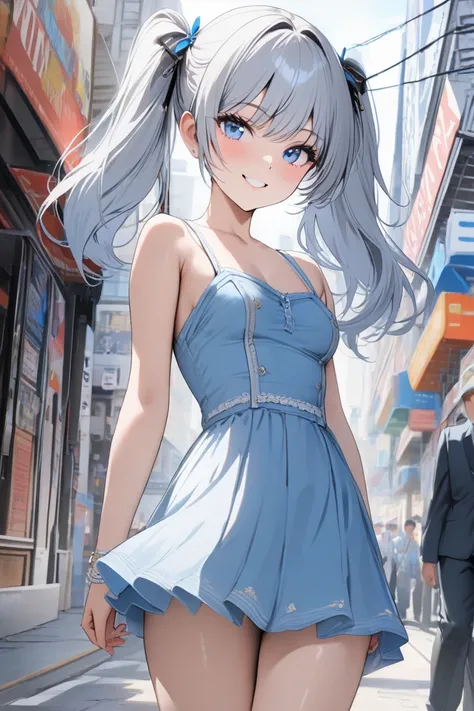  top quality,  masterpiece,   high res, 8k, (1 girl), Alone, (((cowboy shot))),   Silver hair, blue eyes, Russian beautiful girl, Walking through the streets of Akihabara , smile,  light blue mini dress,  Straight Twin Tails