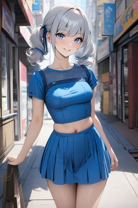  top quality,  masterpiece,   high res, 8k, (1 girl), Alone, (((cowboy shot))),   Silver hair, blue eyes, Russian beautiful girl, Walking through the streets of Akihabara , smile,  light blue mini dress,  Straight Twin Tails