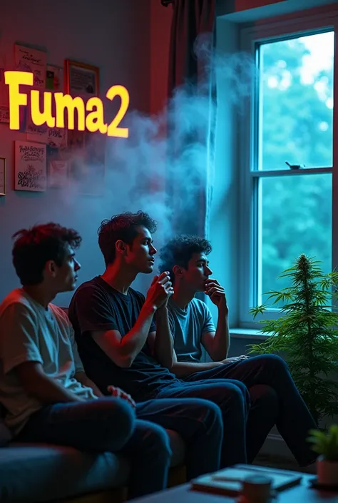 Three young men in a cozy, dimly lit room, smoking marijuana and gazing out the window. The atmosphere is relaxed, peaceful, and introspective. In the background, there is a marijuana plant in a pot with vibrant green leaves, clearly visible. The marijuana...