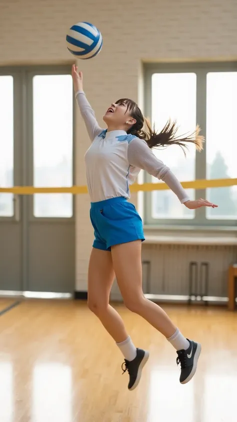 "A cute young female volleyball player, wearing a sporty uniform, jumps high from the floor, her arm fully extended to spike the ball. The background is a bright indoor gymnasium with natural light reflecting on the polished wooden floor. Her expression is...