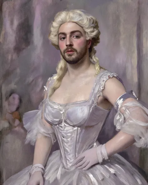 Oil pastel on canvas texture of a (veteran stage impersonator:1.6) mid-transformation into Marie Antoinette, (satin corset laces:1.5) half-tied, (powdered wig asymmetry:1.4) revealing his stubbled jaw. Candid composition with (dramatic chiaroscuro:1.5), (v...