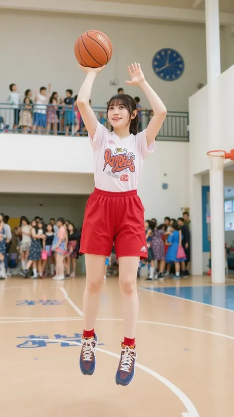 "A cute young female basketball player, wearing a sporty uniform, jumps high from beyond the three-point line, preparing to shoot the ball. Her arm is fully extended, and the ball is just leaving her fingertips. Her expression is focused and determined. Sh...