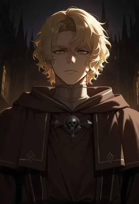 1boy, inquisitor, dark, brown robe, blond hair, wavy hair, short hair, blond eyebrows, gloomy, dark castle background