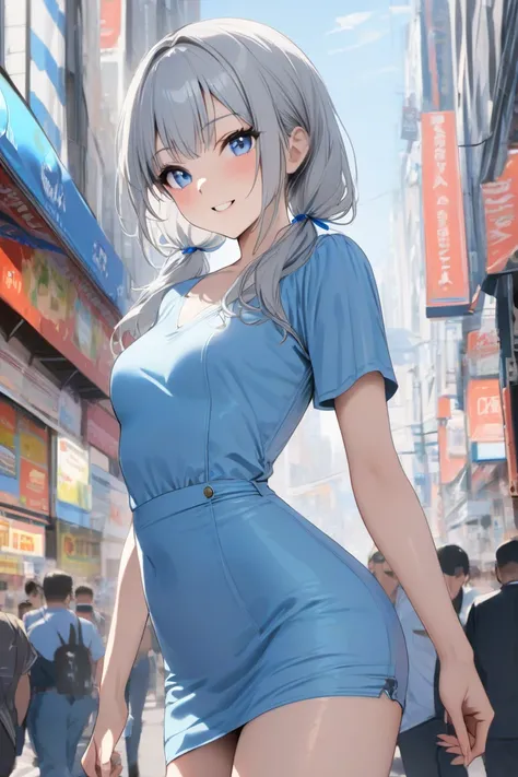  top quality,  masterpiece,   high res, 8k, (1 girl), Alone, (((cowboy shot))),   Silver hair, blue eyes,  Russian Beauty , Walking through the streets of Akihabara , smile,  light blue mini dress,  Straight Twin Tails