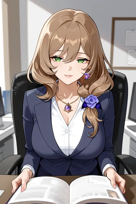 Lisa genshin impact, beautiful, mature, milf, office lady, Seductive gaze, without hat, Sitting on a work chair reading a book.