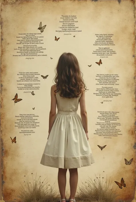 A girl standing and dressed in a white dress, and in her background is a different kind of old paper (with poem) showering her.  Portray the incomplete realization, like the picture is more like fantasize.