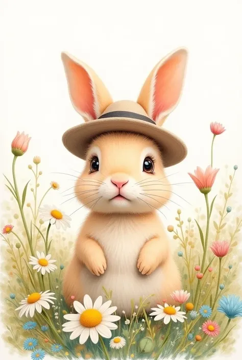 A cute and whimsical oil pastel naive, light beige rabbit with chic hat , sitting amidst a field of small, delicate white daisies and wildflowers.  oil pastel drawing