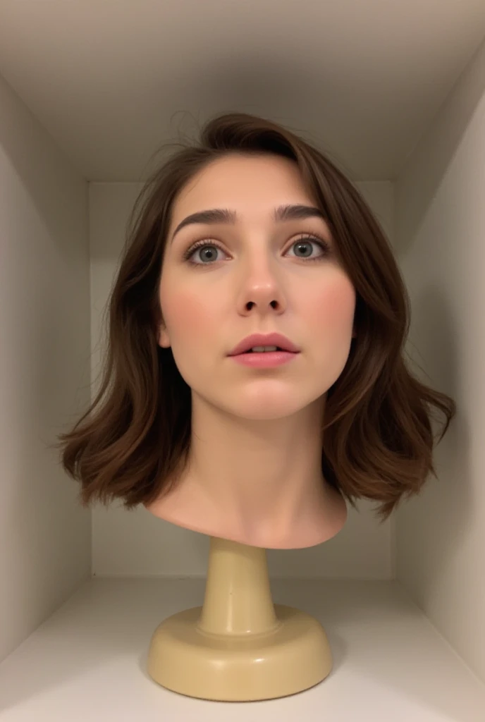 Photo of pretty 25 year old woman's disembodied head mounted on top of a simple pedestal. Brown, medium length hair. Scared facial expression. She has a frightened facial expression. Pedestal is sitting in a shelf. 