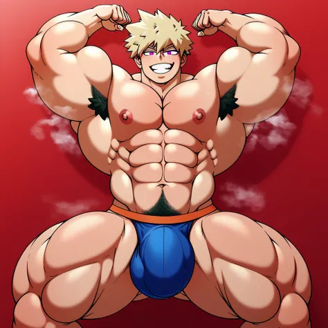 staring at the viewer, Bakugou Katsuki and izuku Midoriya standing next to each other in an old rundown locker room surrounded by hypnotic steam with his mouth hanging open as he is brainwashed into a mindless muscleheaded dumb jock, Izuki Midoriya watches...