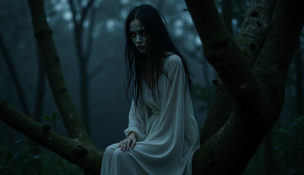 Kuntilanak ghost from Indonesia, woman wearing a long transparent white dress, red eyes, long messy hair, pale face, scary face, sitting on a tree branch in a forest, at night dark, black sky, limited view, eerie atmosphere, fog, horror film