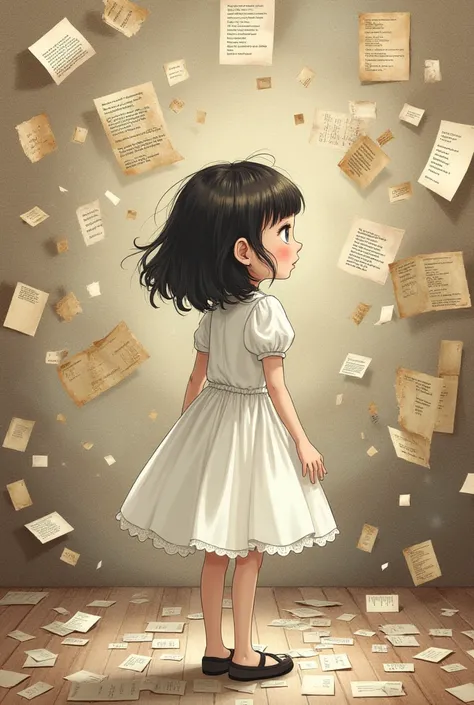 A girl standing and dressed in a white dress (drawing or animated), and in her background is chaotic place and showering different kind of old paper (with poem) .  Portray the incomplete realization, like the picture is more like fantasize.