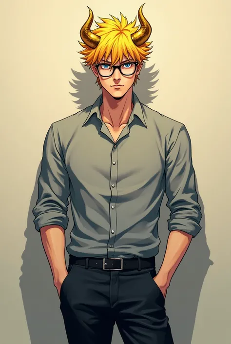 Anime character: man with blond hair and black glasses and black pants and two golden horns on his head and a gray shirt and stuffed on a wall  