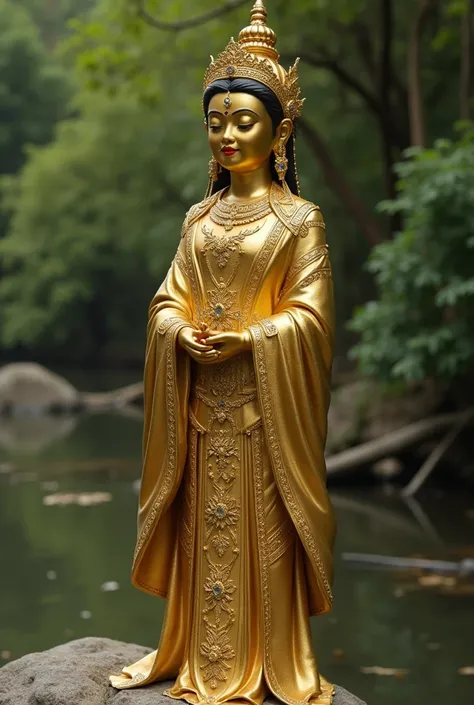 Very realistic, the gold statue is a statue in the image of a beautiful girl, who put on long hair and dressed in traditional Thai clothes. It is a Thai dress of a Wang woman in ancient times, like a fairy, but in literature, a golden statue of a beautiful...