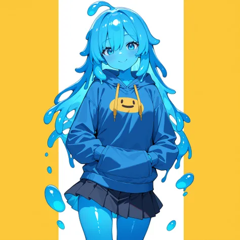 masterpiece, best quality, slime girl, smile, hoodie, skirt, blue skin, slime hair, park