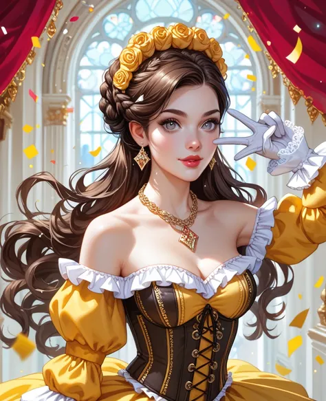 Digital art illustration. ,Young woman, Cristian Capotondi, 20 years old, dark brown hair, very long hair tied in a braided bun with diamond star clips, gray eyes, white skin with reddish lips, wearing a yellow Victorian party dress, ruffled at the necklin...