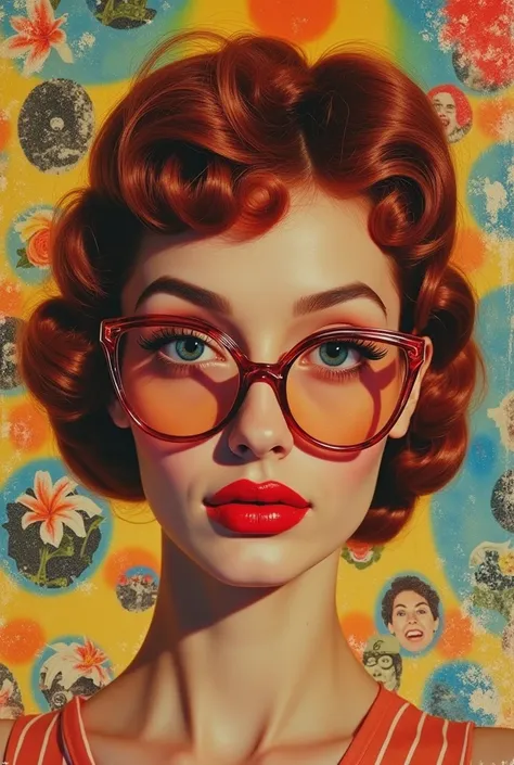 retro 1960s collage portrait with 1950s and 1960s elements, vintage 1960s actress and starlet with oversized cat-eyed 1950s styled retro pinup  glasses. The background reflecting 60s flower power and tie-dye images and numerous happy faces as a background,...