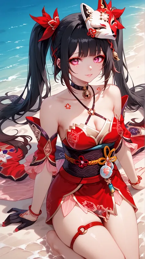 Excellent work, best quality, very beautiful, sexy woman posing on the beach, sea ,  absurdres, sparkleSDXL,1girl,solo,long hair,black hair,hair ornament,pink eyes,gloves,dress,cleavage,bare shoulders,twintails,jewelry,very long hair,detached sleeves,jingl...