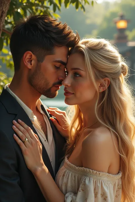 Génère moi une image d'un couple où la femme a les cheveux long et blond, les yeux bleu avec une jolie robe et l'homme est grand, brun avec les cheveux court et les yeux marrons, dans un décor zen avec un temple  et des bambous. 