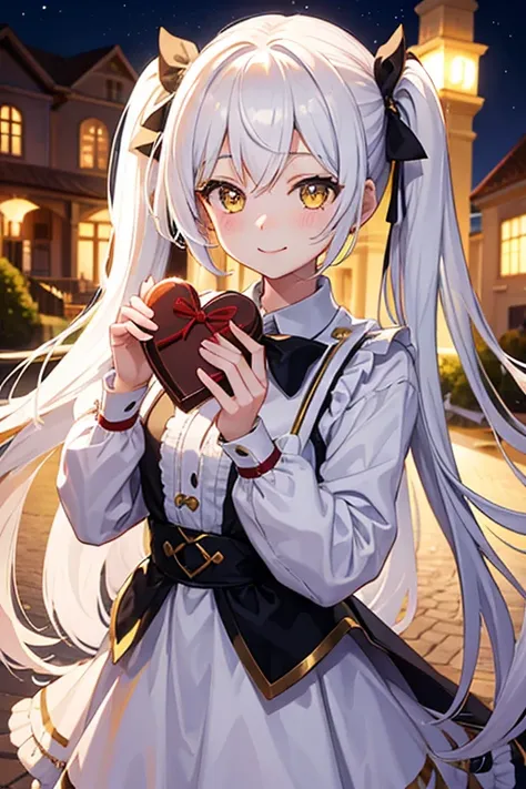 Young girl, white twintail long hair, yellow eyes, cute girl, kind person, cute dress, background mansion in night, smile face, smile face, valentine theme, chocolate valentine, give chocolate