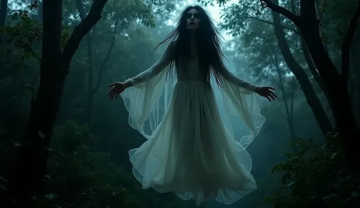 Kuntilanak ghost from Indonesia, woman wearing a long transparent white dress, long messy hair, pale face, scary face, flying above tree branches in a forest, at night dark, black sky, limited vision, eerie atmosphere, fog, horror film